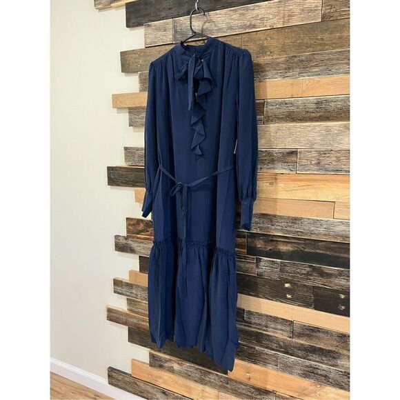 Joie NWT Roussel Ruched Ruffle-Trim Silk Navy Blue Midi Dress Sz S - Picture 2 of 9